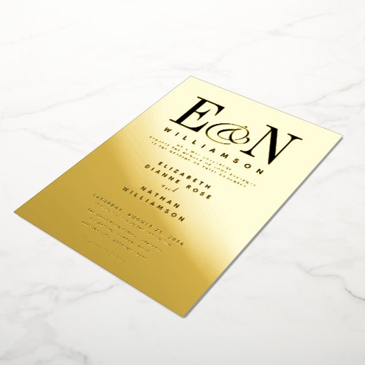 Monogram Weddenschap Solid Gold Folie Uitnodiging (Gedraaid)