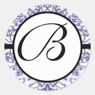 Monogram Wedding Blue Damask Ronde Sticker