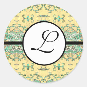 Monogram Wedding Brite Aqua Blue Borders Ronde Sticker