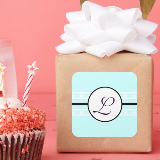 Monogram Wedding Brite Aqua Blue Borders Vierkante Sticker (Feest)