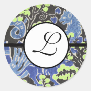 Monogram Wedding Brite Blue Borders Ronde Sticker