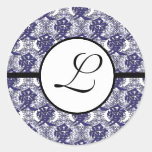 Monogram Wedding Kanji voor Love Blue Damask Ronde Sticker