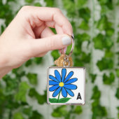 Monogram Whimsical Blue Daisy Sleutelhanger (Hand)