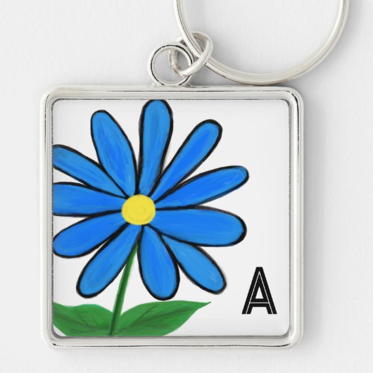 Monogram Whimsical Blue Daisy Sleutelhanger (Voorkant)