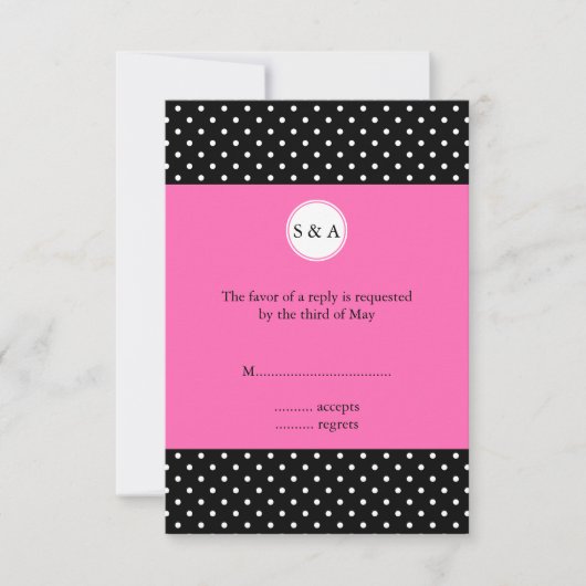 Monogram White Black, Hot Pink Polka Dot RSVP Kaartje (Voorkant)