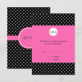 Monogram White Black, Hot Pink Polka Dot RSVP Kaartje (Voorkant / Achterkant)