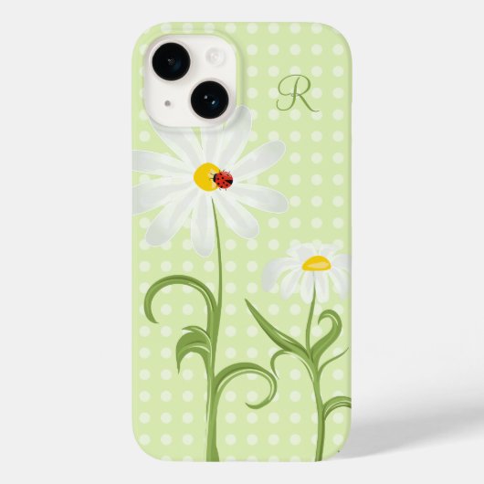 Monogram White Daisy en Lady Bug Polka Dot Green Case-Mate iPhone Case (Achterkant)