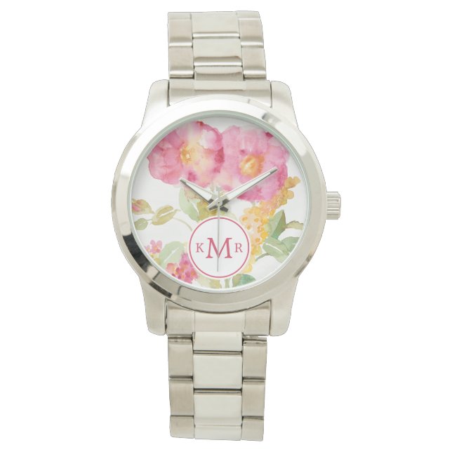 Monogram | White Daisy on Blue Horloge (Voorkant)