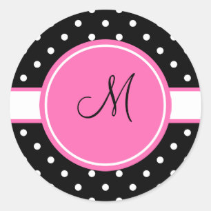Monogram White en Black Polka Dot Pattern Ronde Sticker