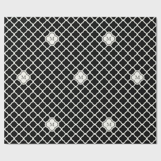 Monogram White en Black Quatrefoil Pattern Weddens Cadeaupapier (Vlak)