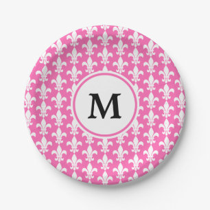 Monogram White en Hot Pink Fleur de Lis Pattern Papieren Bordje
