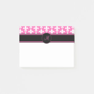 Monogram White en Hot Pink Fleur de Lis Pattern Post-it® Notes