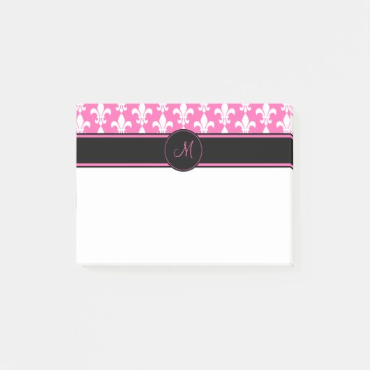Monogram White en Hot Pink Fleur de Lis Pattern Post-it® Notes (Voorkant)