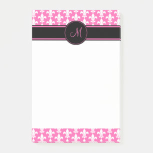 Monogram White en Hot Pink Fleur de Lis Pattern Post-it® Notes