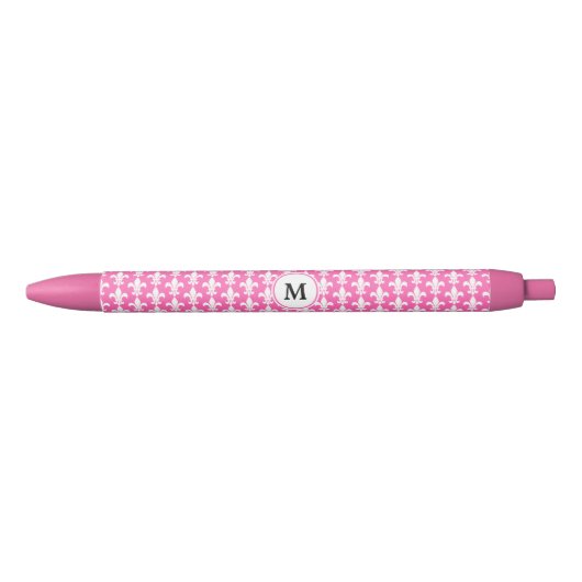 Monogram White en Hot Pink Fleur de Lis Pattern Zwarte Inkt Pen (Voorkant)