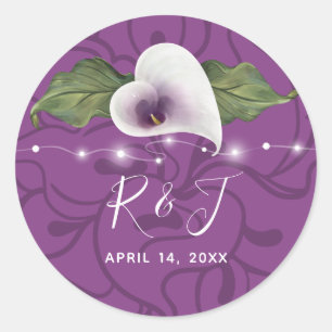 Monogram White en Paarse Calla Lily Wedding Ronde Sticker