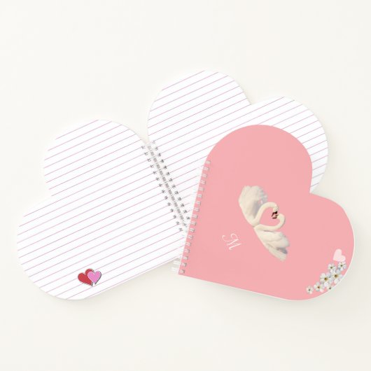 Monogram White Flowers and Swans on Light Pink Notitieboek (Binnen)