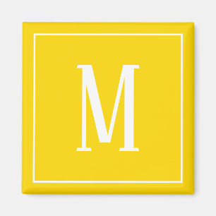 Monogram White op Golden Yellow Square Magnet Magneet