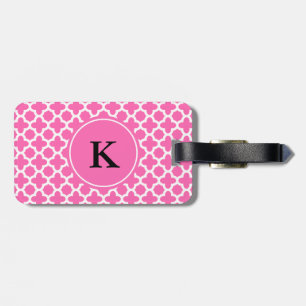 Monogram White op Hot Pink Quatrefoil Patroon Bagagelabel