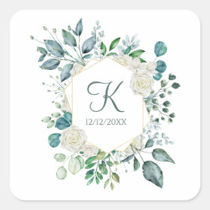 Monogram White Roses Greenery Eucalyptus Wedding Vierkante Sticker