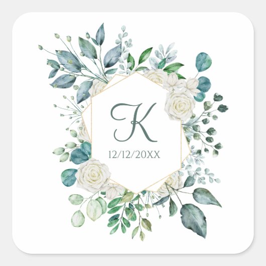 Monogram White Roses Greenery Eucalyptus Wedding Vierkante Sticker (Voorkant)