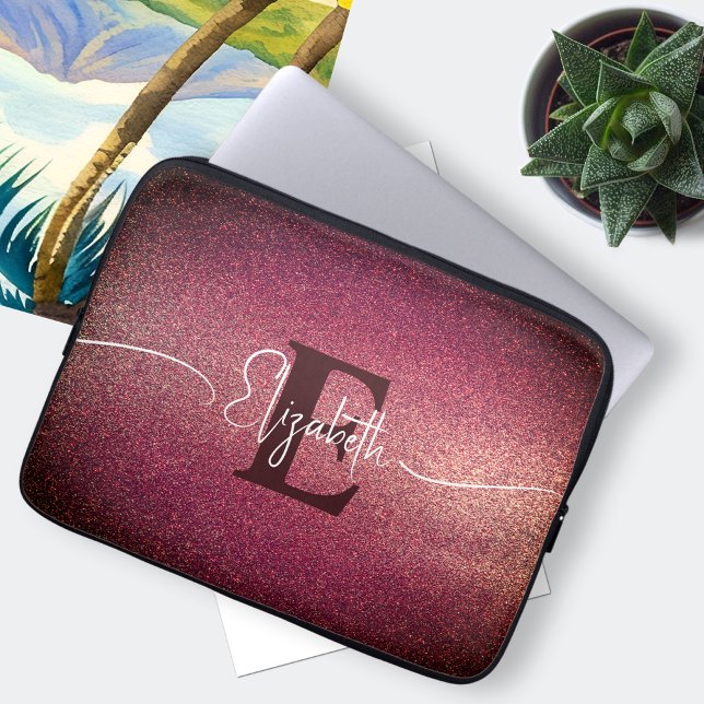 Monogram Wijn Rood Glitter Girly Glam Laptop Sleeve (Creator heeft geüpload)