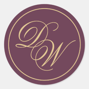 Monogram Wijnkleur 2 Initialen Gouden Calligrafie Ronde Sticker
