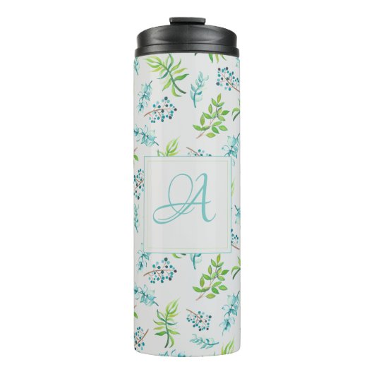 Monogram Wildbloemen Blue Green Wedding Decor Thermosbeker (Voorkant)