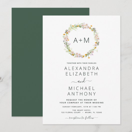 Monogram Wildbloemen Emerald Green Wedding Kaart (Voorkant / Achterkant)