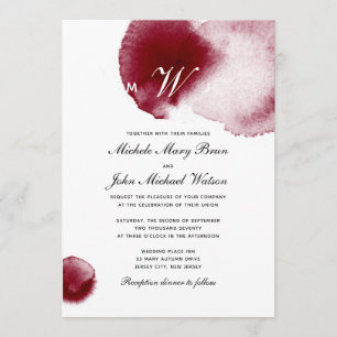 Monogram Wine Red Spill Burgundy Wedding Invite Kaart