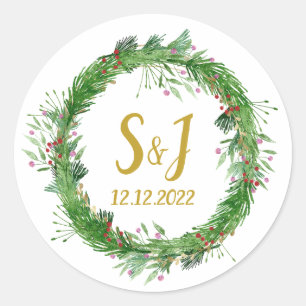 Monogram   Winter Greenery Wedding Envelope Seal Ronde Sticker