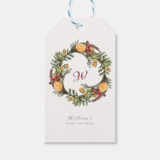 Monogram Winter Kerstmis krans Baby shower Cadeaulabel (Voorkant)
