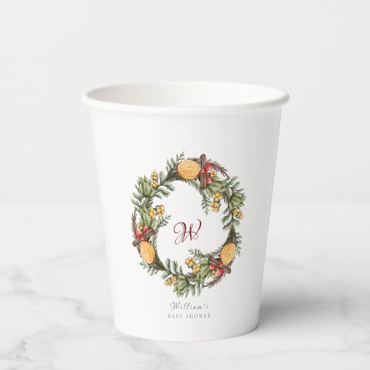 Monogram Winter Kerstmis krans Baby shower Papieren Bekers (Achterkant)