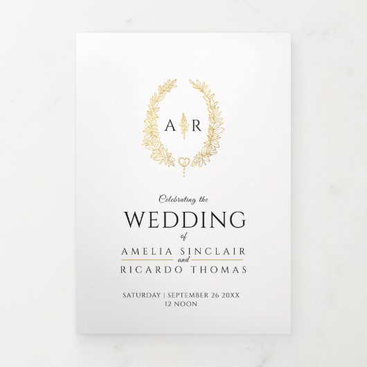 Monogram wit bruin bruinktbruinbruidegaal, optie R Drieluik Uitnodiging (Cover)