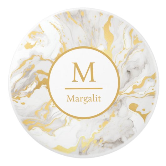 Monogram wit en goud faux marmer keramische knop (Voorkant)