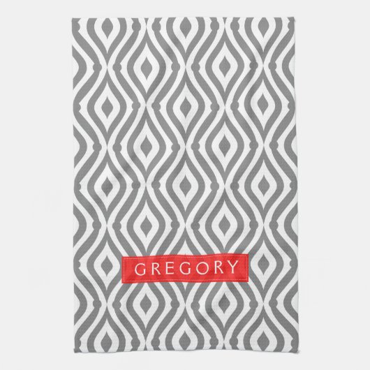 Monogram wit en grijs geometrisch patroon theedoek (Verticaal)