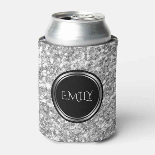 Monogram wit en grijs glitter blikjeskoeler (Blikje Voorkant)