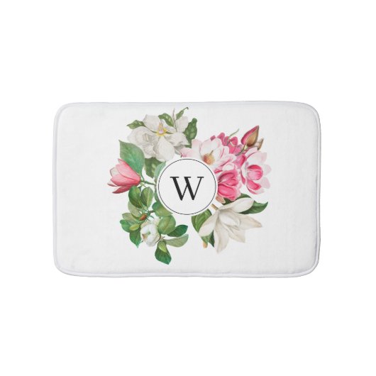 Monogram  wit en roze Magnolia Flowers Badmat (Voorkant)