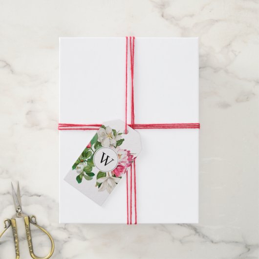Monogram wit en roze Magnolia Flowers Cadeaulabel (Met Touw)