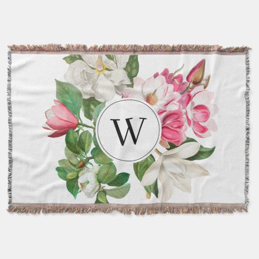 Monogram wit en roze Magnolia Flowers Deken (Voorkant)