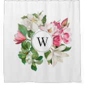 Monogram  wit en roze Magnolia Flowers Douchegordijn (Voorkant)
