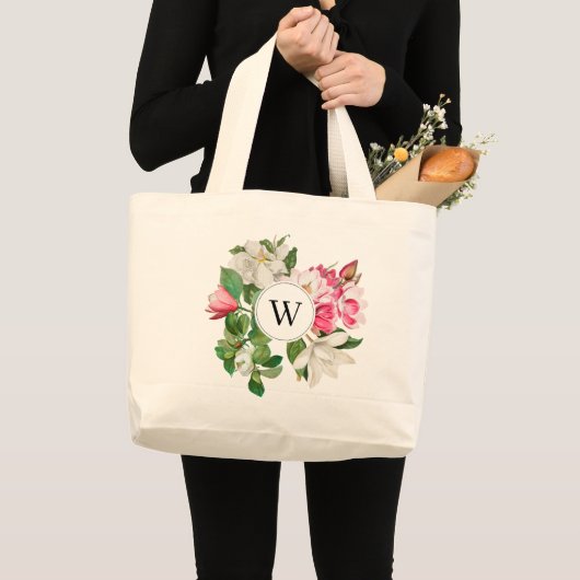 Monogram  wit en roze Magnolia Flowers Grote Tote Bag (Voorkant (product))
