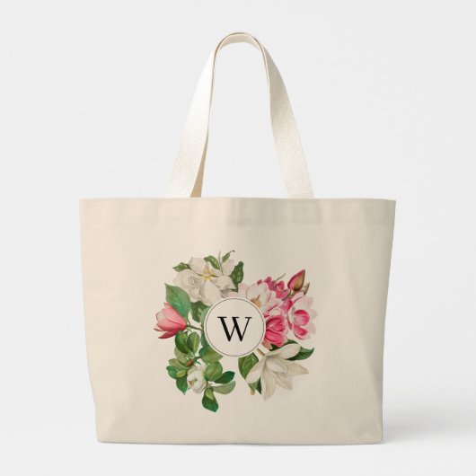 Monogram  wit en roze Magnolia Flowers Grote Tote Bag (Achterkant)