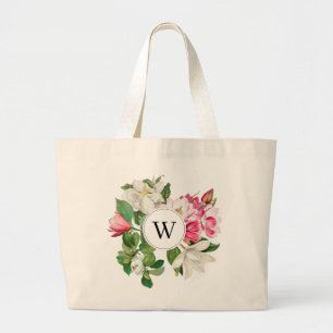 Monogram  wit en roze Magnolia Flowers Grote Tote Bag