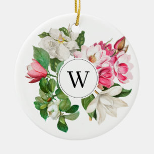 Monogram  wit en roze Magnolia Flowers Keramisch Ornament