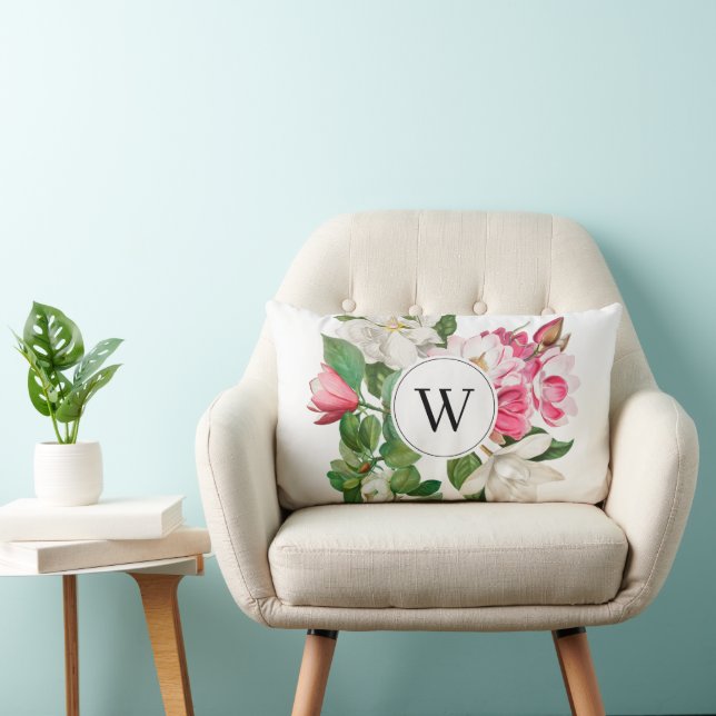 Monogram  wit en roze Magnolia Flowers Kussen (Stoel)
