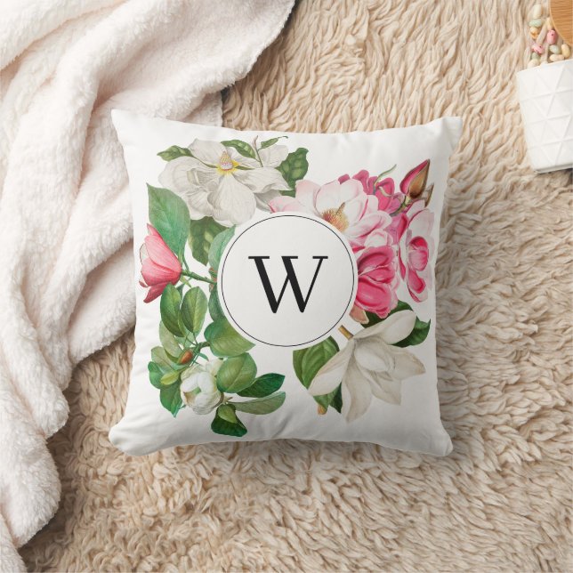 Monogram  wit en roze Magnolia Flowers Kussen (Deken)