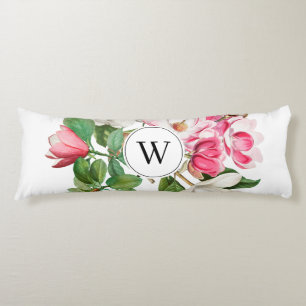 Monogram  wit en roze Magnolia Flowers Lichaamskussen