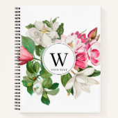 Monogram wit en roze Magnolia Flowers Notitieboek (Voorkant)