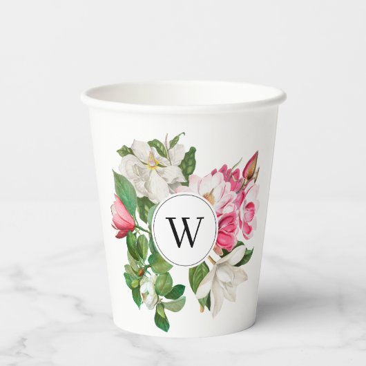 Monogram wit en roze Magnolia Flowers Papieren Bekers (Achterkant)